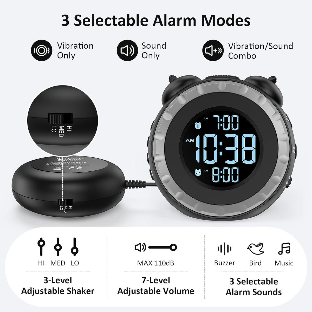 uscce Loud Dual Alarm Clock with Powerful Adjustable Bed Shaker