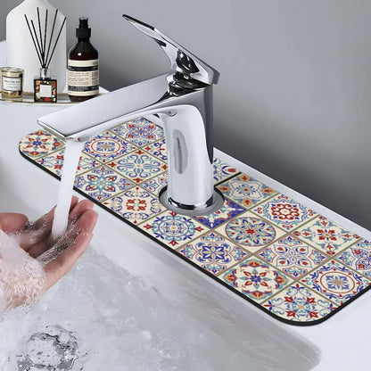 Aquamarine Blue Mexican Tiles Faucet Splash Guard Mat for Kitchen Sink 15x5.5" - Colors B