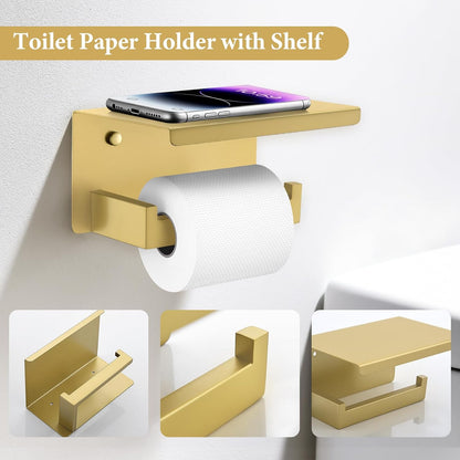 TURS Bathroom Hardware Set Black 4-Piece Towel Bar Set Include 24 Inch Towel Bar Hand Towel Holder Towel Hook Toilet Paper Holder with Shelf Wall Mounted Stainless Steel Bathroom Accessories Set