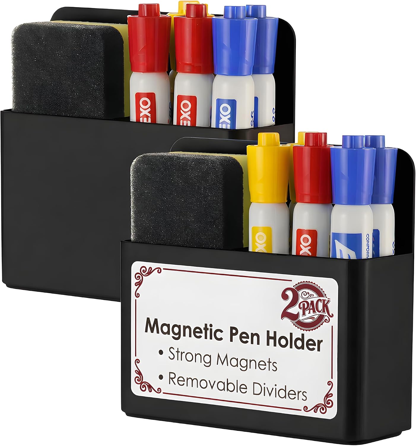 2 Pack Magnetic Pen Holder for Refrigerator & Whiteboard, Full-Back Magnet Dry Erase Marker Holder with Adjustable Divider, Magnetic Marker Holder for White Board Office Desk Locker Accessories, Black