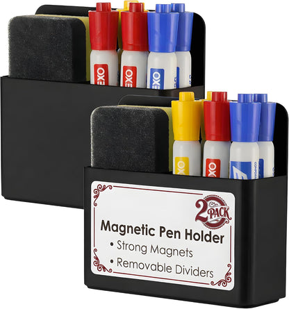 2 Pack Magnetic Pen Holder for Refrigerator & Whiteboard, Full-Back Magnet Dry Erase Marker Holder with Adjustable Divider, Magnetic Marker Holder for White Board Office Desk Locker Accessories, Black