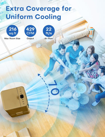 Portable Air Conditioners 4 Modes&3 Speeds,4 Ice Packs, Waterless Alert System, 12H Timer, Remote,1 Gal Detachable Water Tank, 70°Oscillation Windowless Evaporative Air Cooler for Room Office