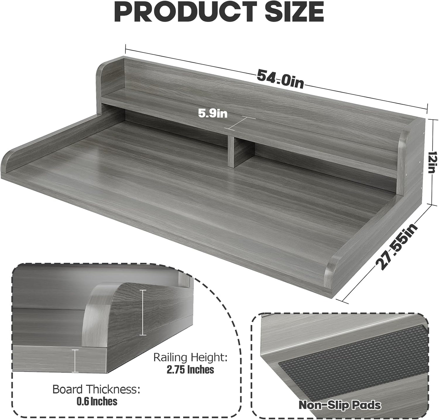 2-Tier Washer Dryer Countertop with 2.75" H Edge Rails, 54" W x 27.55" D Laundry Countertop for Folding Clothes, Washer and Dryer Topper with Non-Slip Pad (Dark Walnut)