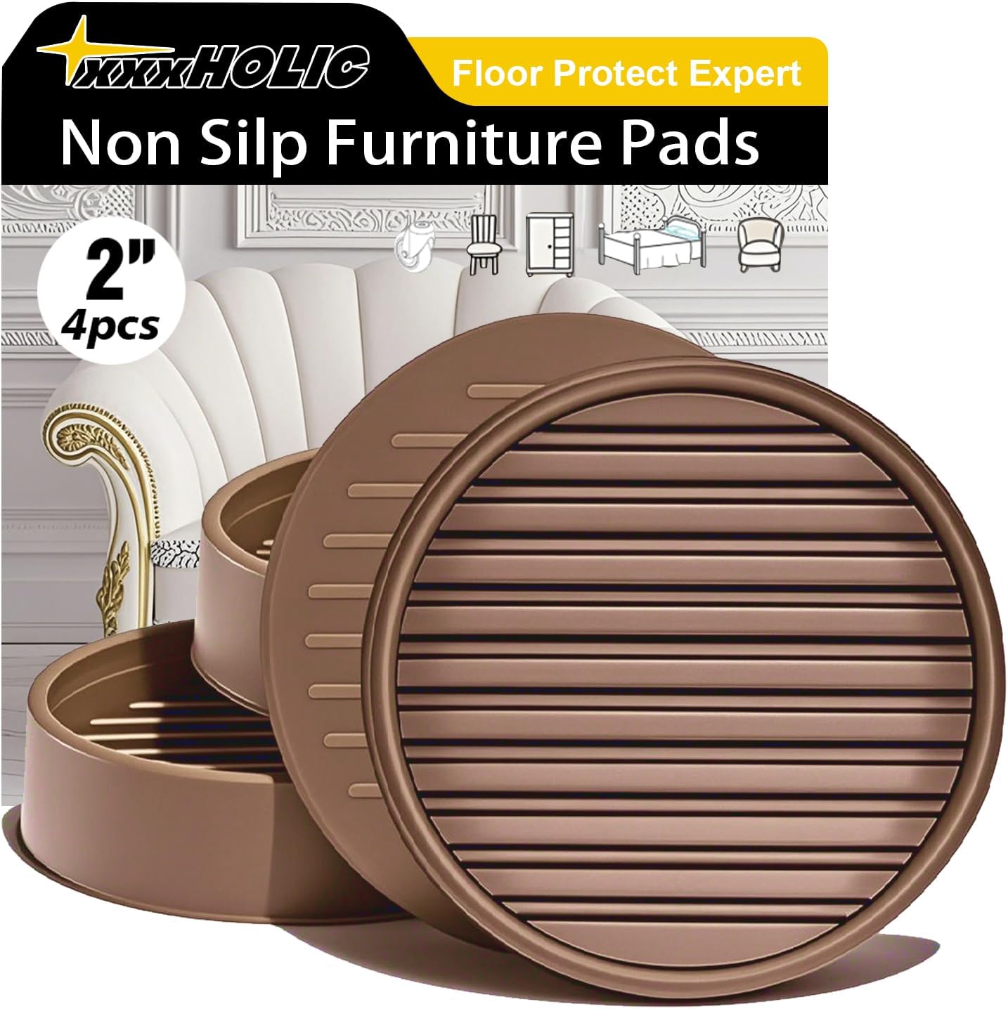xxxHOLIC Rubber Non Slip Furniture Pads, 2" Black Round, Set of 4 | Furniture Grippers for Hardwood Floors, Anti Skid Caster Cups, Bed Frame & Couch Stoppers, Floor Protectors for Heavy Duty