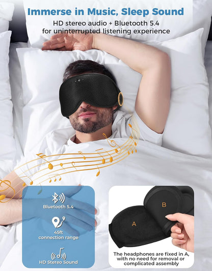 Sleep Mask with Bluetooth Headphones, Removable 3D Contoured Cup, Wireless Eye Mask for Sleep, Sleeping Headphones with Thin Stereo Speakers for Men, Women, Travel, Relaxation - Black | Wireless Eye Mask for Sleep, Sleeping Headphones with Thin Stereo