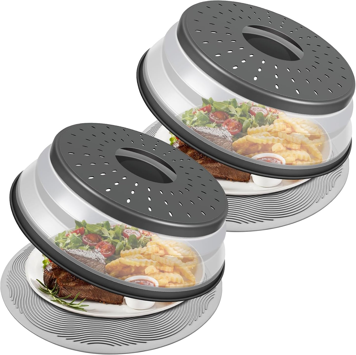 LekDrok Microwave Food Cover with Mat 12 Inch, Mat as Bowl Holder, Cover for Splatter Guard, Collapsible Lid for Plate Dish, Multi-Purpose Silicone Mat & Kitchen Colander Gadget for Meal Prep,Charcoal
