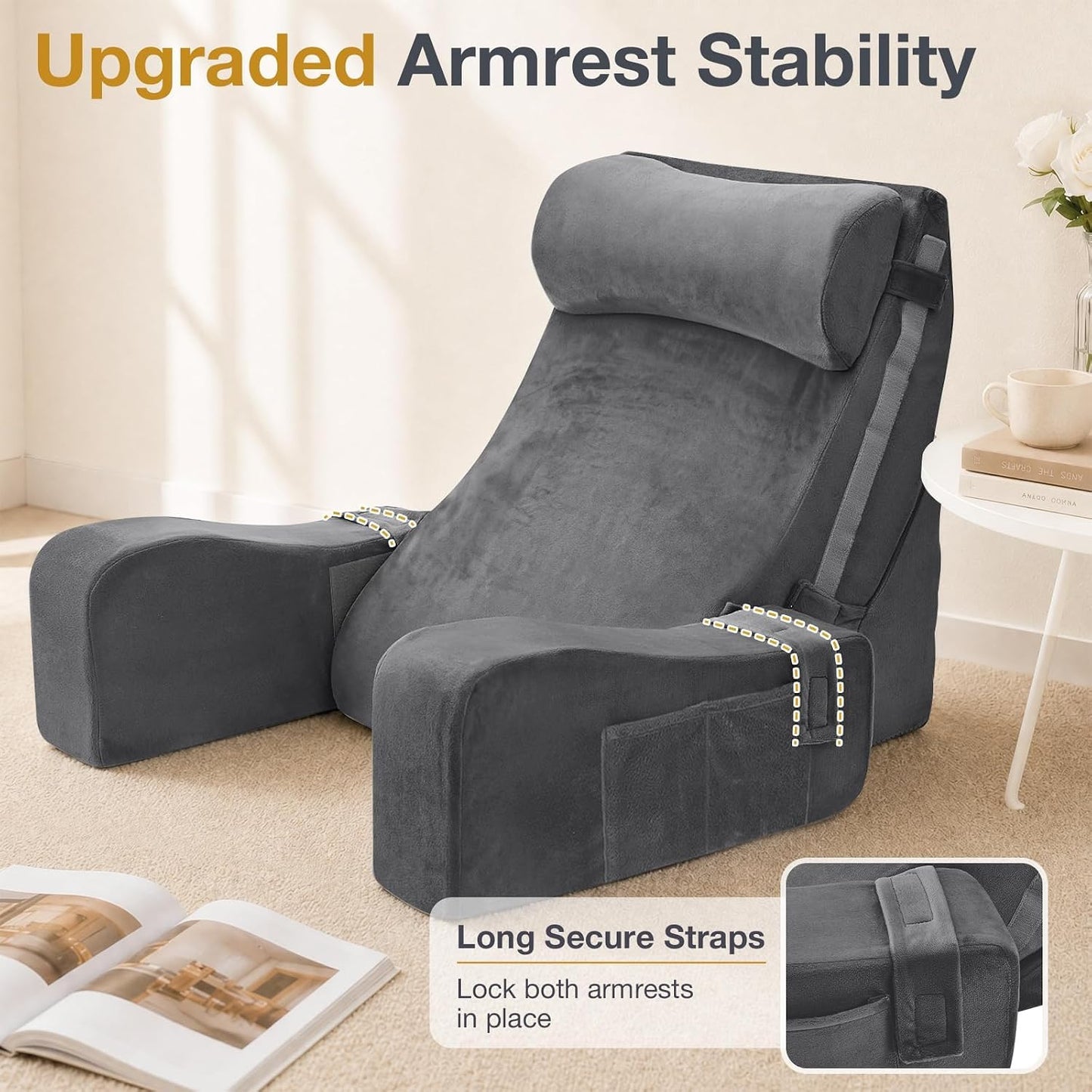 Sasttie 15-25 inch Adjustable Reading Pillow with Armrests, Dark Grey | Back Rest Pillow with Secure Side Straps, Memory Foam Back Support Cushion Bed Chair for Reading, Gaming & Relaxing