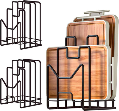 Multifunctional Cutting Board Organizer, Cutting Board Holder Rack Baking Cookie Pan Sheets Cooling Racks Storage Stand for Kitchen Cabinet -Divided Holder with 4 Slots (2PS Black)
