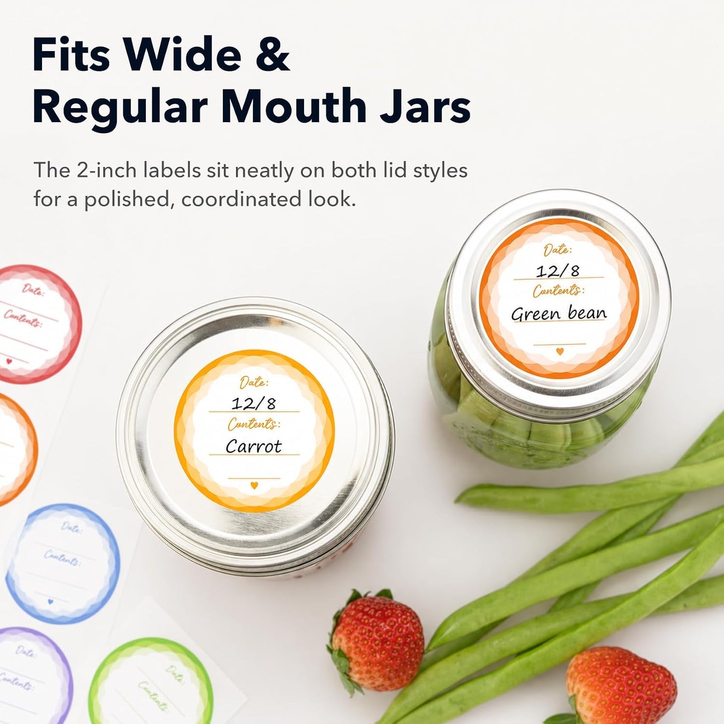 2" Mason Jar Canning Labels, 9 Colors, Microwave/Freezer Safe, 90 | Waterproof, removable stickers for glass or plastic. Easy to write on and removes with zero sticky residue.