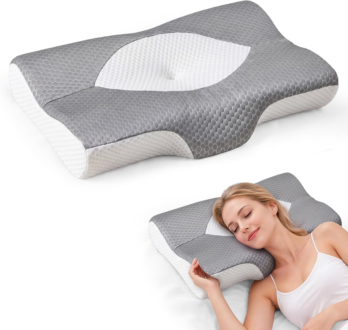 NEWBULIG Cervical Neck Pillow, Ergonomic Contour Memory Foam and Detachable Roll Pillow for Neck Pain Relief Side Back Stomach Sleepers with Cooling Breathable Cover