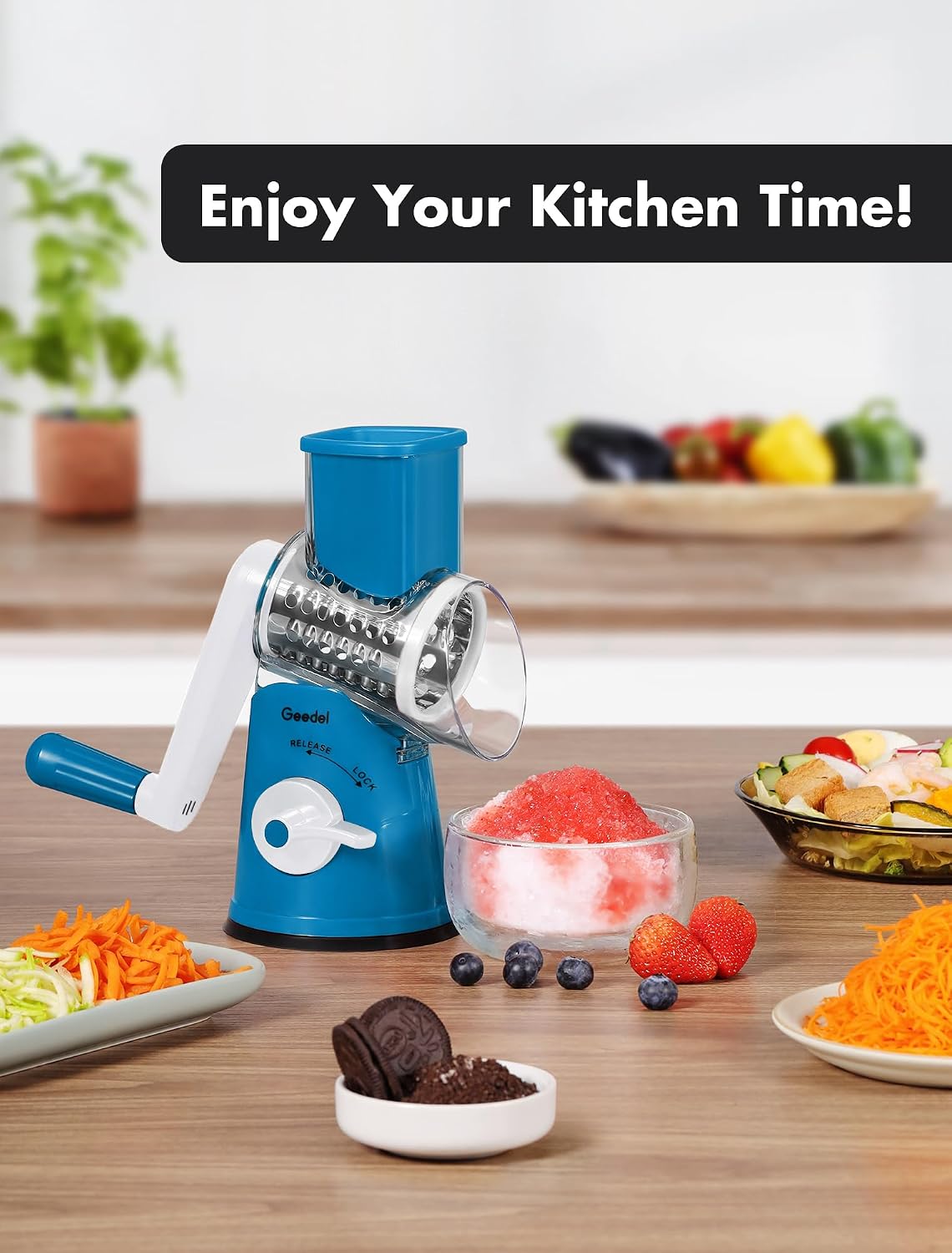 Geedel Rotary Cheese Grater, Kitchen Mandoline Vegetable Slicer with 3 Interchangeable Blades, Easy to Clean Rotary Grater Slicer for Fruit, Vegetables, Nuts | 3 Blades, 430 Stainless Steel, 12x Fast Cutting, Strong Suction Base, No BPA, Dishwasher Safe,