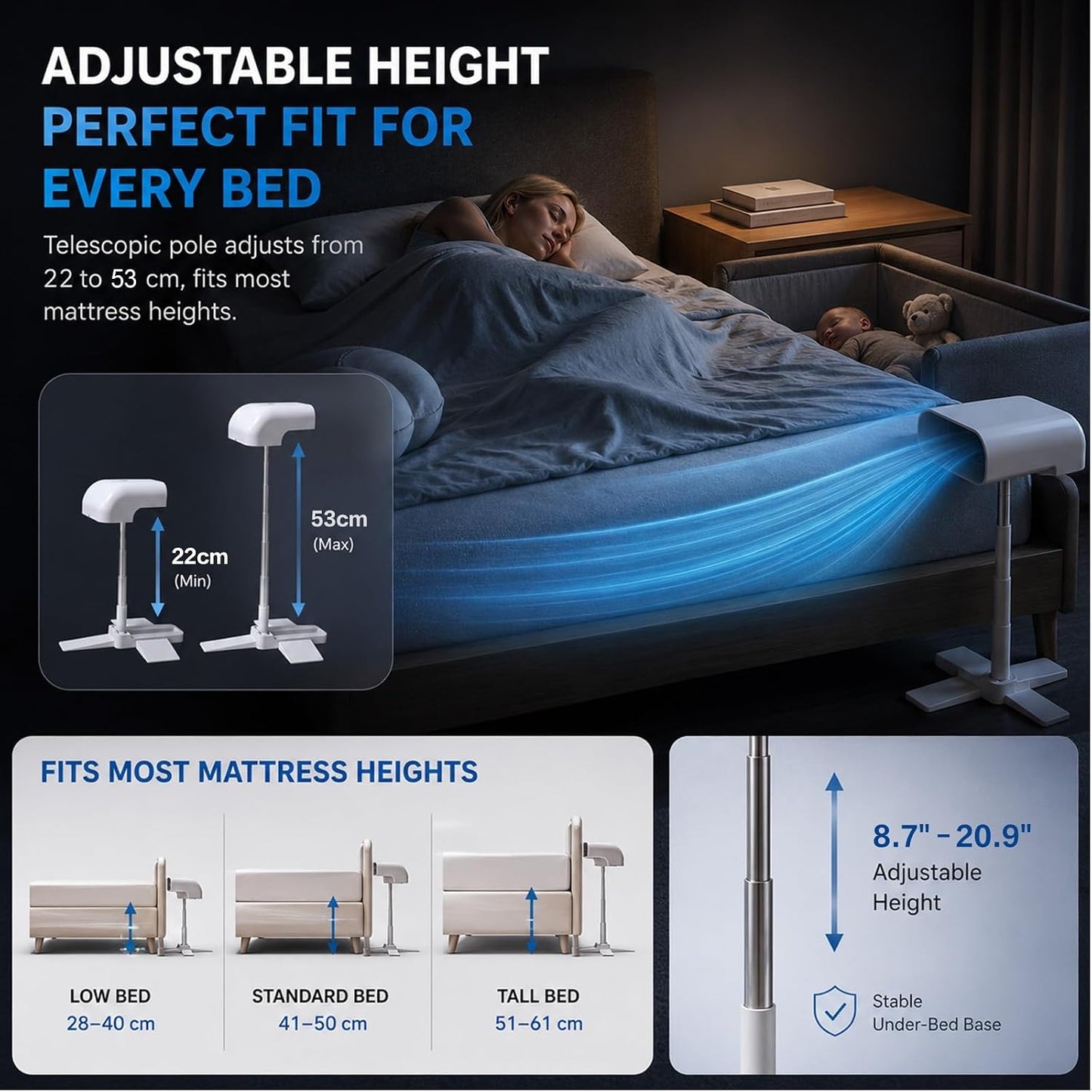 Rechargeable Bed Cooling Fan Under Sheets for Hot Sleepers | Under-Sheet Cooling System With Remote Control, 5 Quiet Speeds, Adjustable Height And Long-Lasting 10000mah Battery