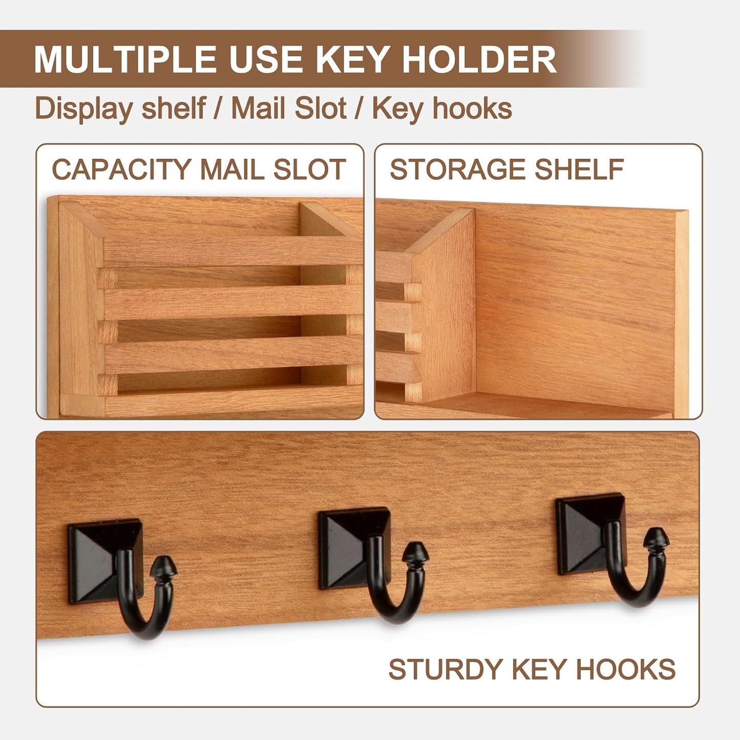 Key Holder Wall Mount, Mail Organizer for Wall with 5 Square Key Hooks | Key Holder for Wall, Key Holder with Shelf Farmhouse Home Decor for Home Entryway
