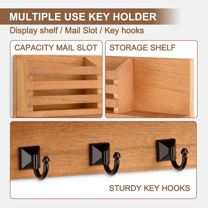 Key Holder Wall Mount, Mail Organizer for Wall with 5 Square Key Hooks | Key Holder for Wall, Key Holder with Shelf Farmhouse Home Decor for Home Entryway