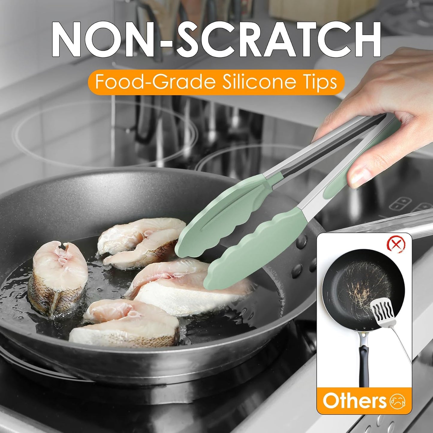 Hotec Mini Silicone Kitchen Tongs for Cooking - 7-Inch Small Serving Tongs with Silicone Tips, Set of 3 (Black,Grey,Light Blue)