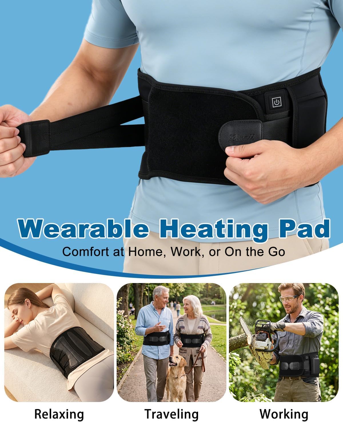 Cordless Heating Pad for Back Pain & Period Cramps, Portable Back Heating Pad Belt Heated Back Brace Rechargeable Wireless Support, 3 Heat & Auto Shut Off, Gifts for Father Dad Men Women