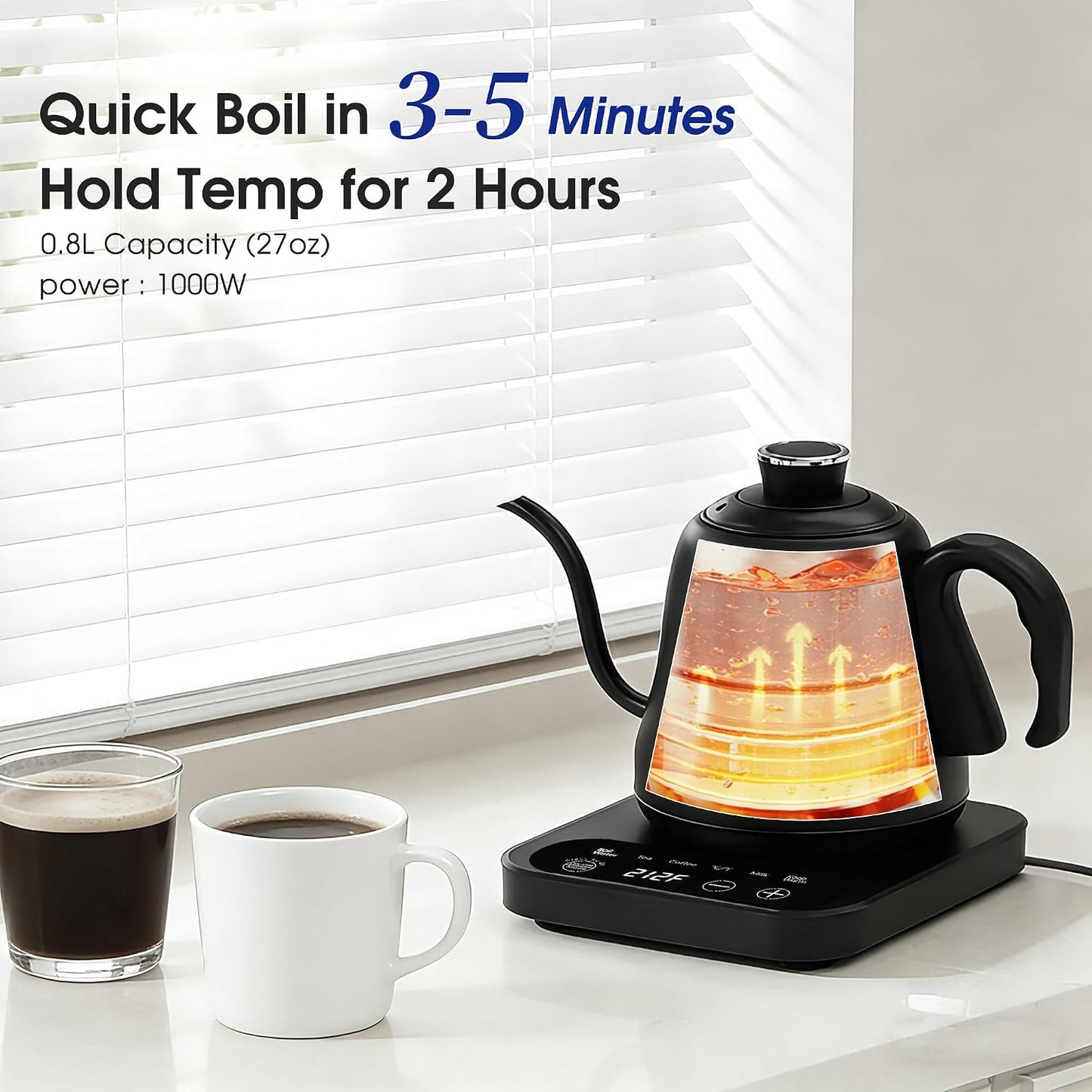 Gooseneck Electric Kettle Temperature Control: 316L Stainless Steel Inner | ±1℉ Precision, Pour Over Kettle for Coffee & Tea, 1000W Quick Heating, Auto Shut-Off & Boil-Dry Protection, 0.8L/27oz