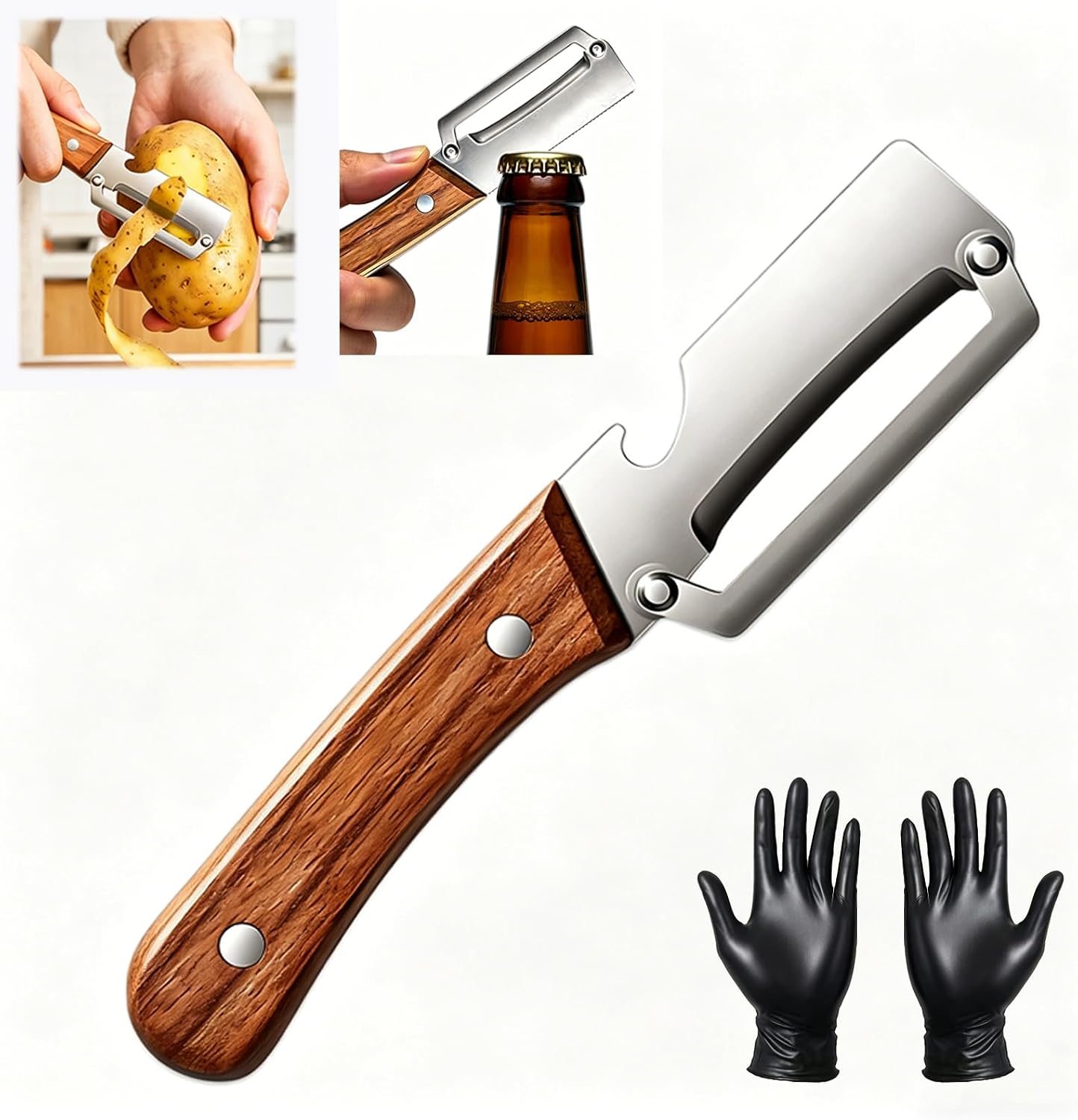 Multi-Functional Vegetable Peeler for Kitchen with Wooden Handle and Bottle Opener, 2 in 1 Stainless Steel Veggie Peeler Kitchen Gadgets Tool for Fruit Potato Pumpkin Apple Carrot Papaya