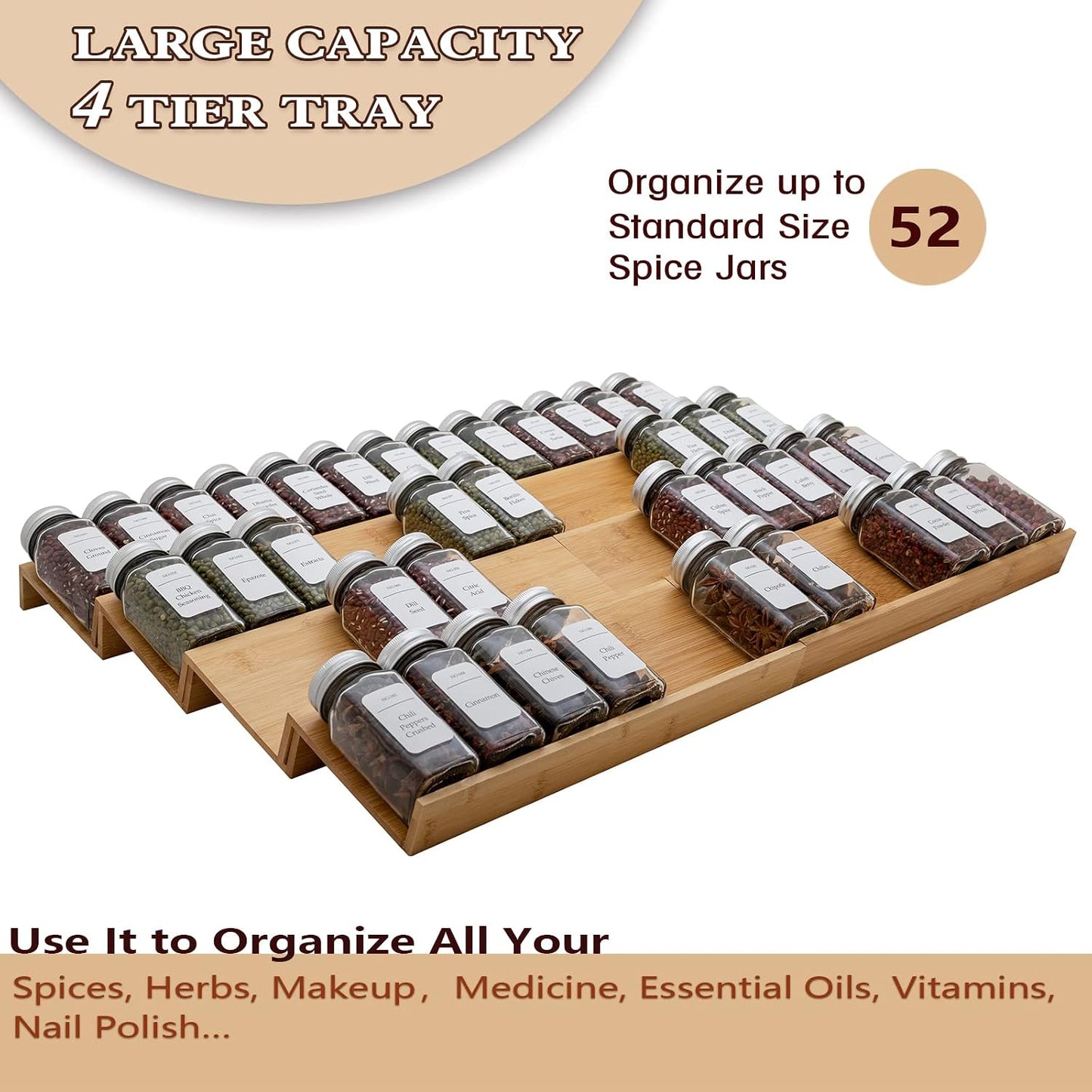 Bamboo Spice Rack Drawer Organizer - 8 Pieces Set- 7" Wide Per Piece - Combine Pieces Into 14" Wide Rack (7" or 14")