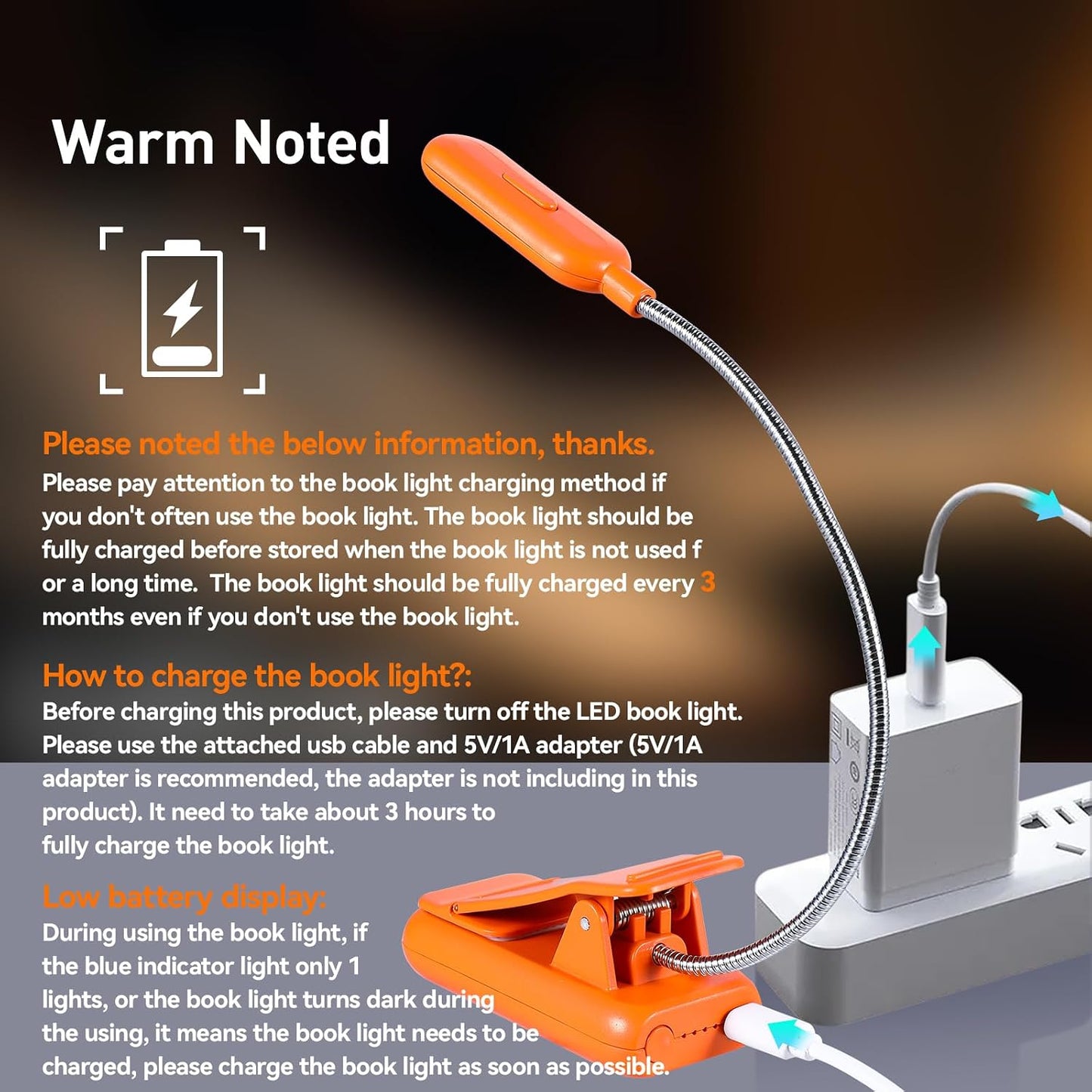 VAVOFO Rechargeable Book Light, Blue Light Blocking, Amber 1600K Clip On Reading Light, Eye Care 7 LEDs Kids Book Light for Reading in Bed with Power Indicator for Bookworms (Neon Orange)
