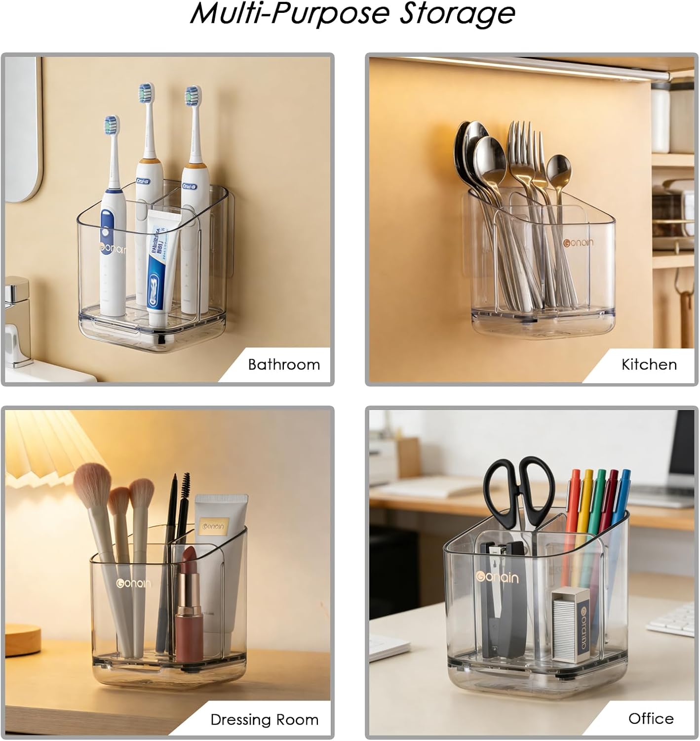 Toothbrush Holders for Bathroom - Detachable Divided Design, Drawer Drainage Tray, Adhesive Wall-Mounted/Countertop Dual-Use, Large Capacity Organizer for Bathroom/Kitchen/Office, Easy Install (Clear)