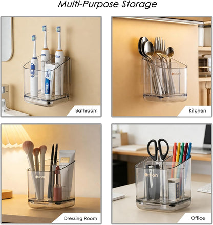 Toothbrush Holders for Bathroom - Detachable Divided Design, Drawer Drainage Tray, Adhesive Wall-Mounted/Countertop Dual-Use, Large Capacity Organizer for Bathroom/Kitchen/Office, Easy Install (Clear)