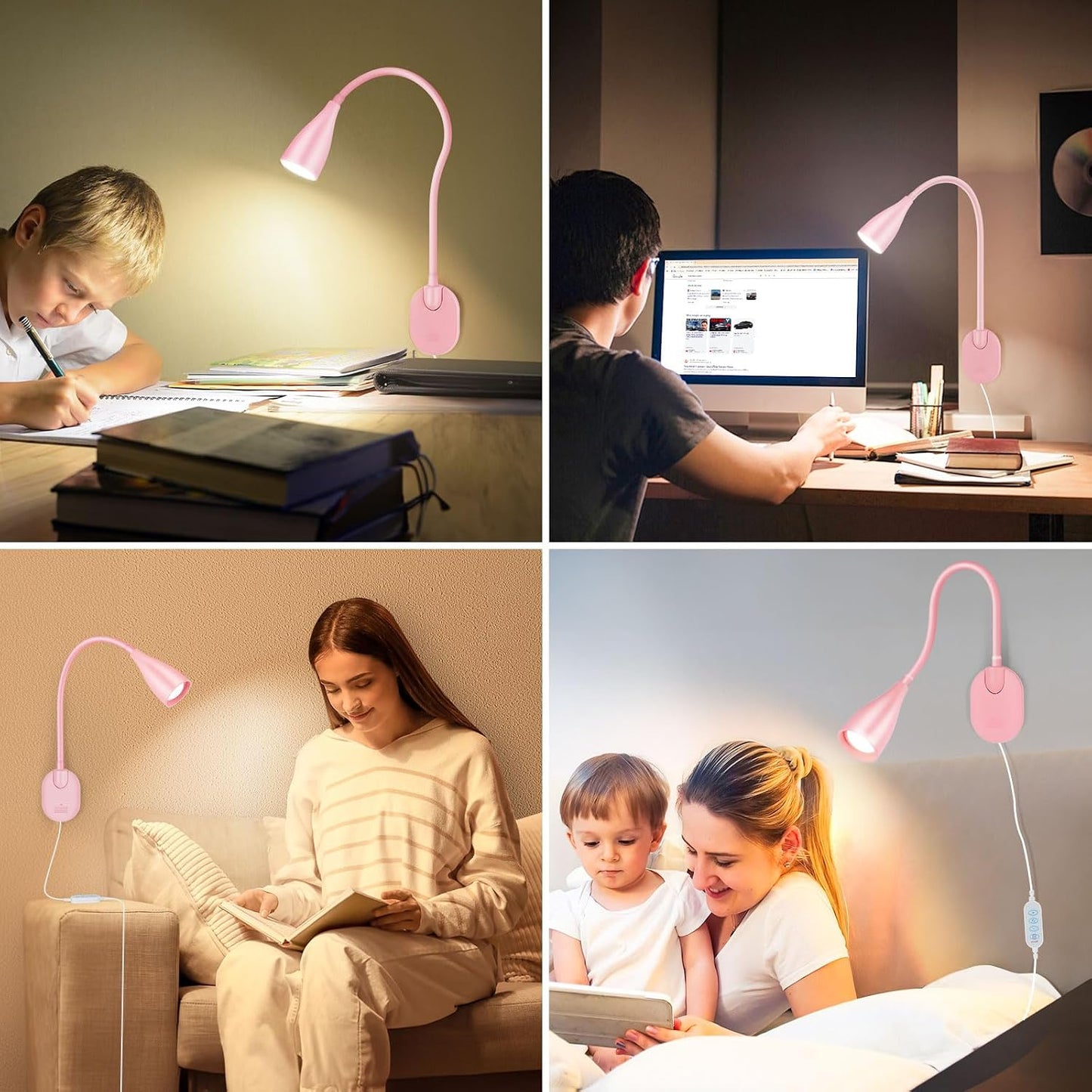 2 Pack LED Wall Mounted Bedside Reading Light, 3 Color Modes,10 Brightness Dimmable, USB Charging Port, Memory Timer Adhesive Wall Light Night Lamp for Books in Bed, Eye-Caring Bedroom Lighting White