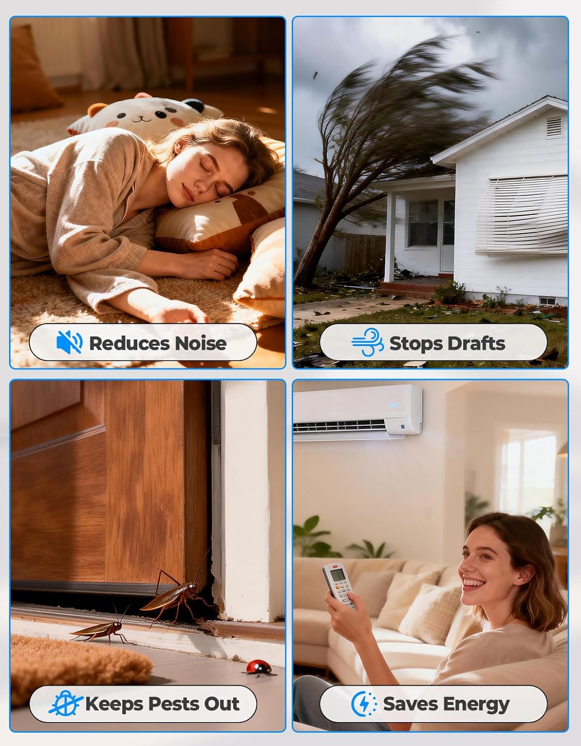 Premium Velvet Under Door Draft Stopper Noise Blocker – Blocks Drafts, Dust, Noise & Light, 32-36 Inch Adjustable Door Sweep Gap Filler Bottom Door with Secure Hook & Loop Tabs