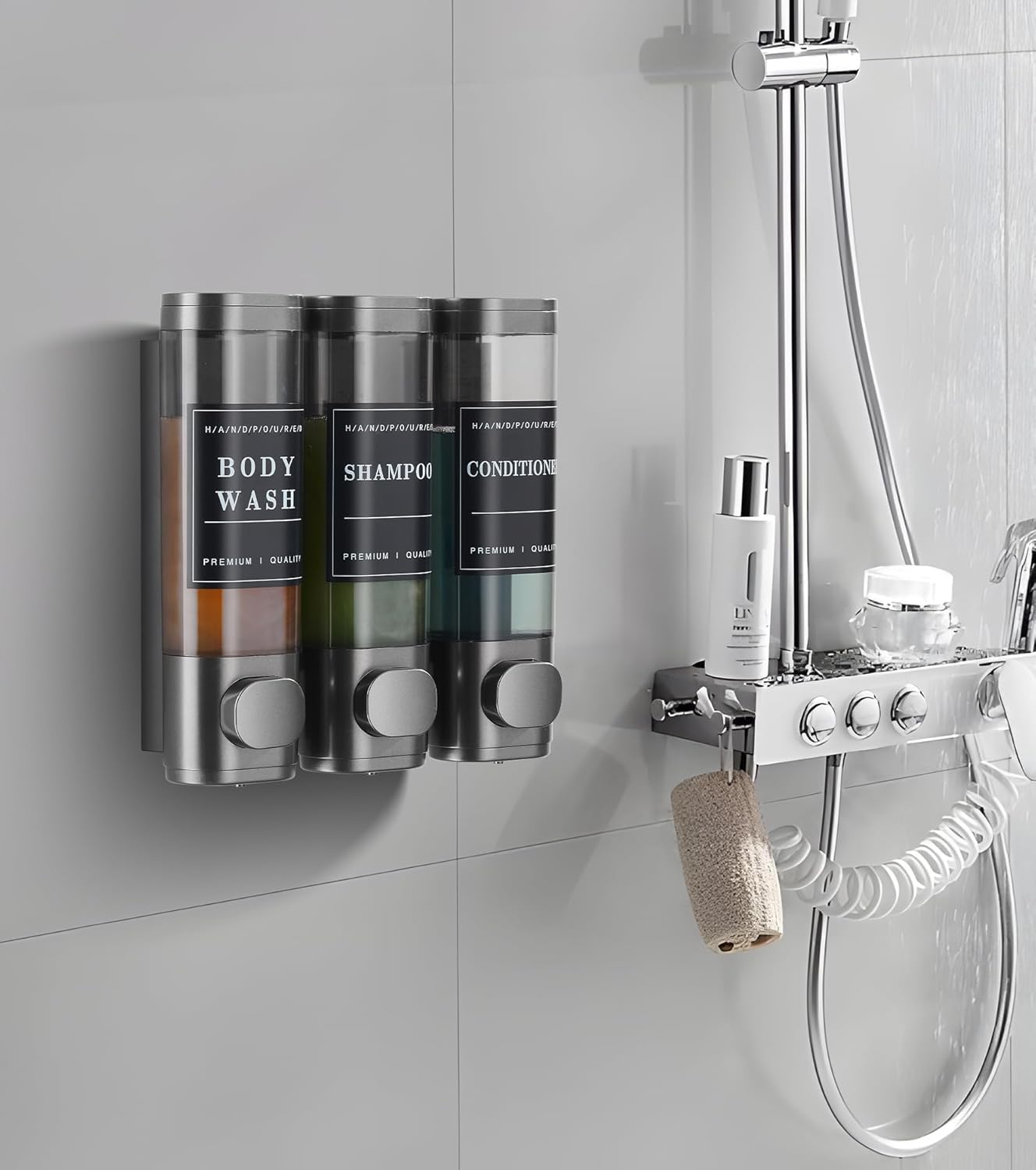 Cabo Deseado Shower Soap Dispenser Wall Mounted No Drill Shampoo Dispenser for Shower Wall Shampoo and Conditioner Dispenser Bathroom Hotel 3 * 350ml Gungray with Labels