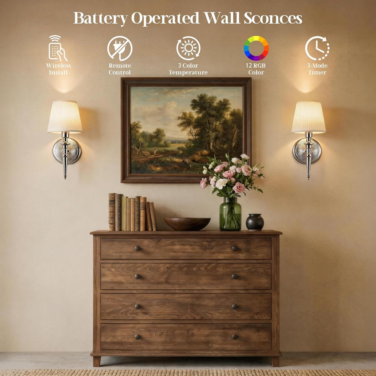 Battery Operated Wall Sconces Set of 2, Wireless Rechargeable Wall Lights with 12 RGB Colors and 3CCT Dimmable, Small Fabric LED Wall Lamps for Bedroom, Living Room, Hallway, Gold