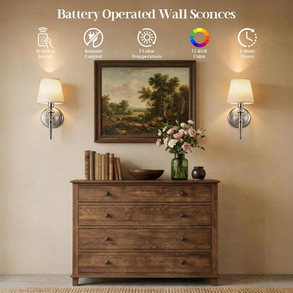 Battery Operated Wall Sconces Set of 2, Wireless Rechargeable Wall Lights with 12 RGB Colors and 3CCT Dimmable, Small Fabric LED Wall Lamps for Bedroom, Living Room, Hallway, Gold