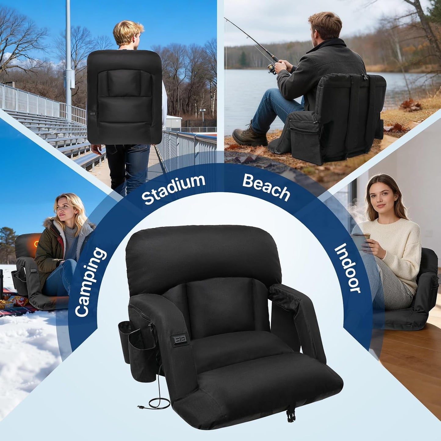 DEKEMASTER Wide Heated Stadium Seat with Back Support, Sofa-Style Comfort | 4.3'' Thick Cushion & Backrest, 3 Level Heat(No Battery), 6 Reclining Positions, Adjustable Armrests, Anti- Slip Stability