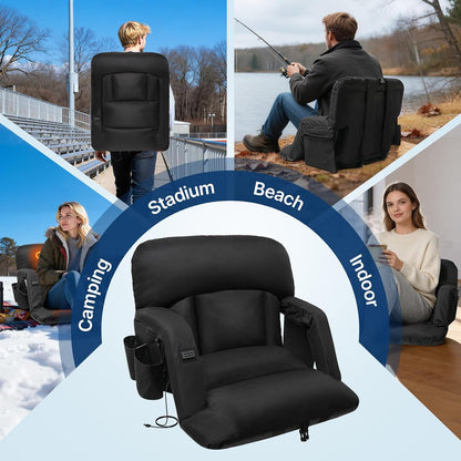 DEKEMASTER Wide Heated Stadium Seat with Back Support, Sofa-Style Comfort | 4.3'' Thick Cushion & Backrest, 3 Level Heat(No Battery), 6 Reclining Positions, Adjustable Armrests, Anti- Slip Stability