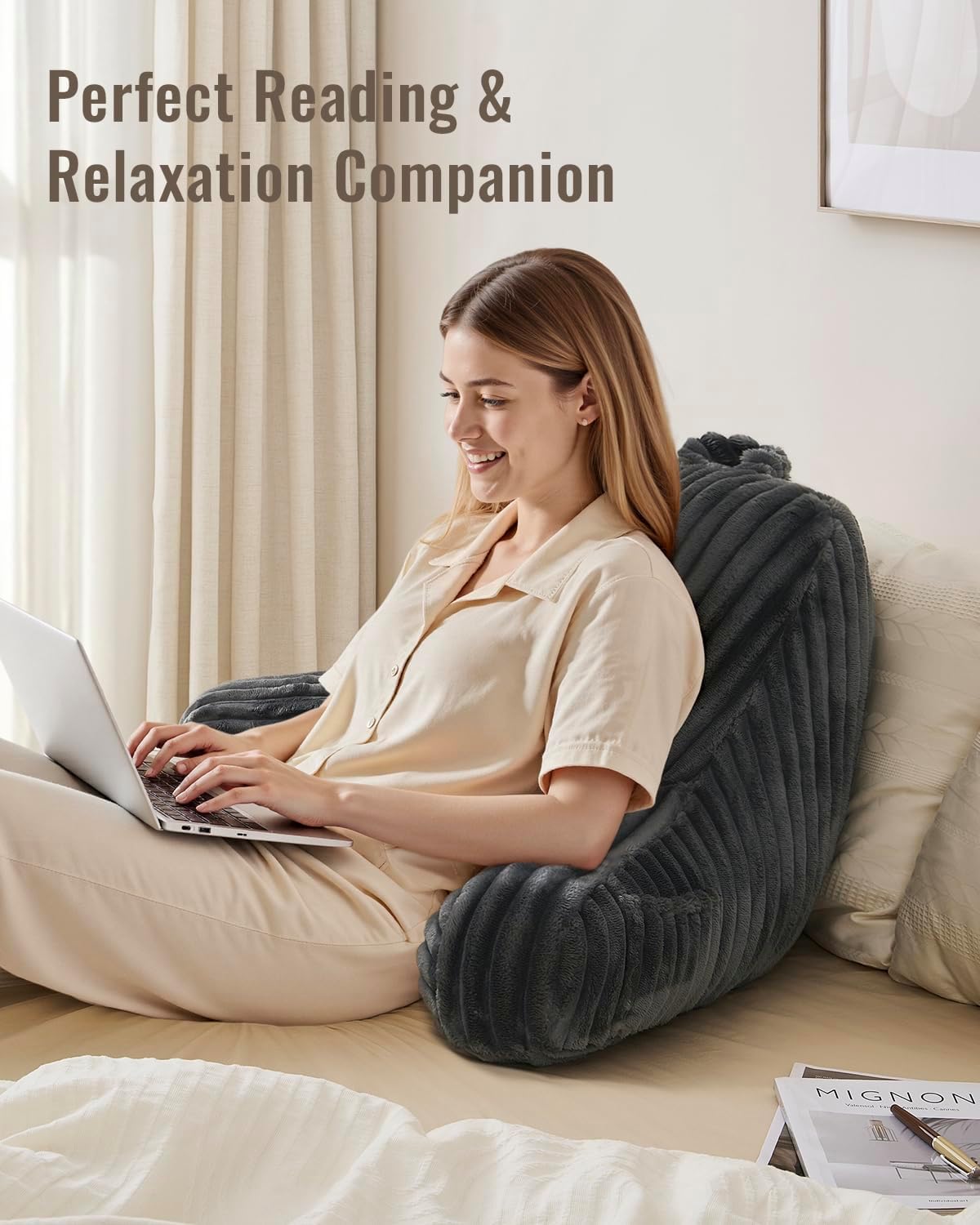 Blissful Diary Reading Pillow, Backrest Pillow with Shredded Memory Foam for Adult & Children, Designed for Bed and Couch Sitting Up, Includes Arms, Pockets and Washable Cover, Off White