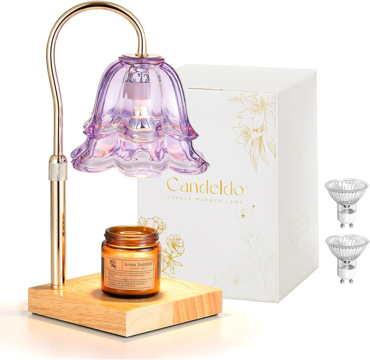 Candeldo Candle Warmer Lamp with Timer, Gold Flower Glass Shade