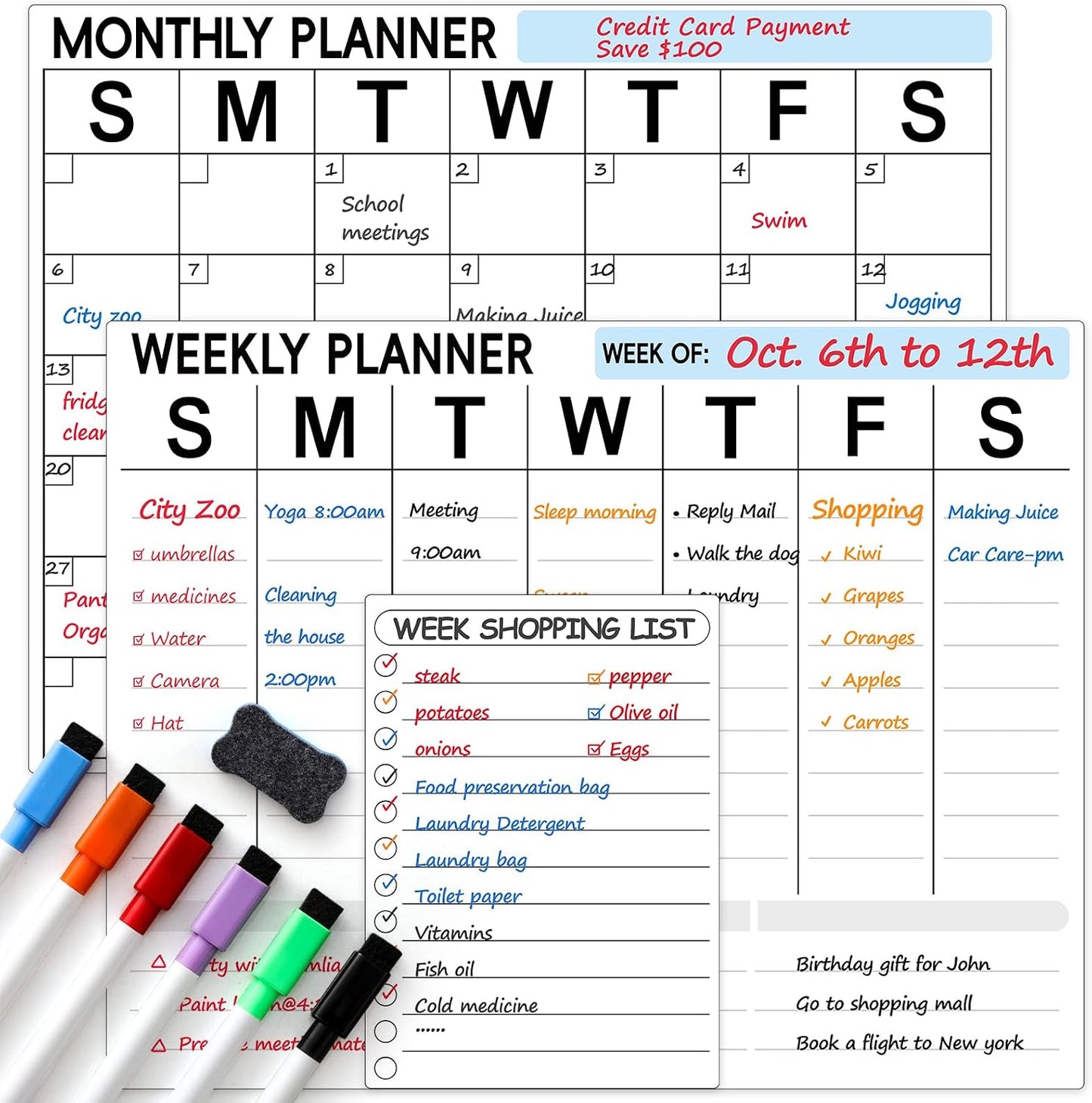 3 Pack Dry Erase Magnetic Calendar for Refrigerator - Monthly & Weekly & Daily Planner Magnet Whiteboard for Fridge Wall - Shopping, Meal/Menu, To Do List, Family Schedule Planning Board (10HB-RIZH3)