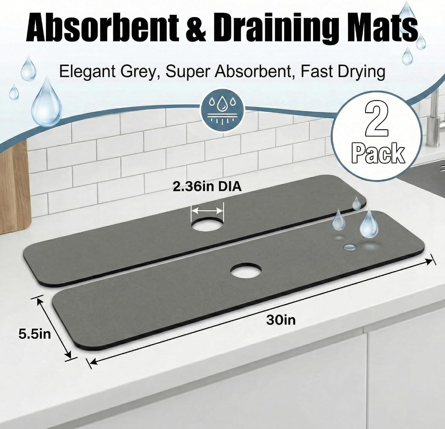 Cuttable Kitchen Sink Faucet Mat: 2PCS 30"Lx5.5"W DIY Splash Guard for Irregular Sink 2, 3 holes, Soap Dispenser & Air Gap - Bathroom Counter Protector Drip Catcher with Pre-Cut Center Hole, Grey