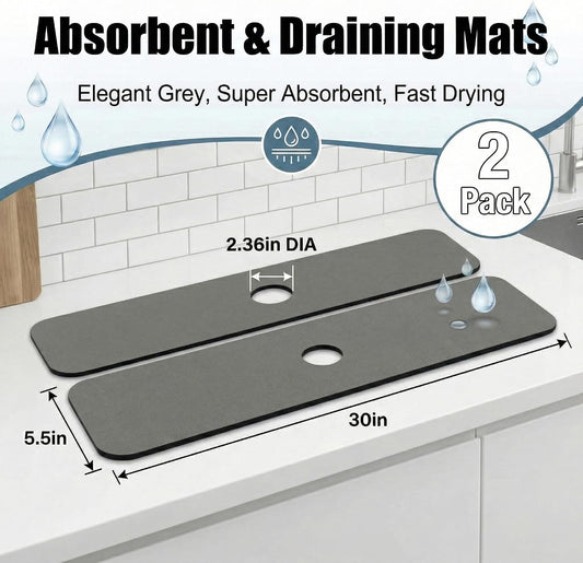 Cuttable Kitchen Sink Faucet Mat: 2PCS 30"Lx5.5"W DIY Splash Guard for Irregular Sink 2, 3 holes, Soap Dispenser & Air Gap - Bathroom Counter Protector Drip Catcher with Pre-Cut Center Hole, Grey