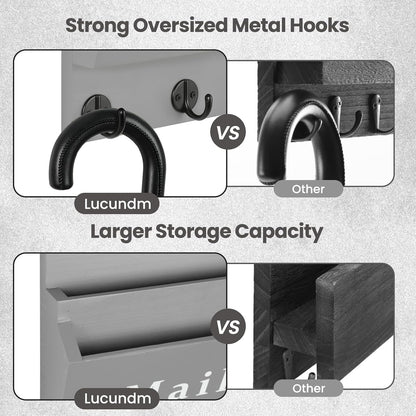 Mail and Key Holder, Wall Key Holder with 2 Mail Organizer Slot and 3 Hooks | Decorative 8.86" x 11.42" Mail Holder, Real Paulownia Wood with Keyhole Brackets, Hardware and Instructions