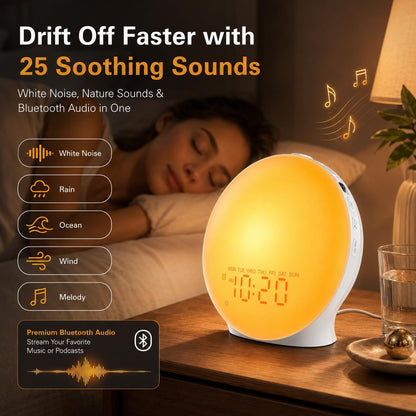 JALL Full Screen Sleep Sound Machine Sunrise Alarm Clock with 25 White Noise Nature Sounds, Wake Up Light for Bedrooms, Hi-Fi Bluetooth Speaker, 8-Hour Sleep Timer