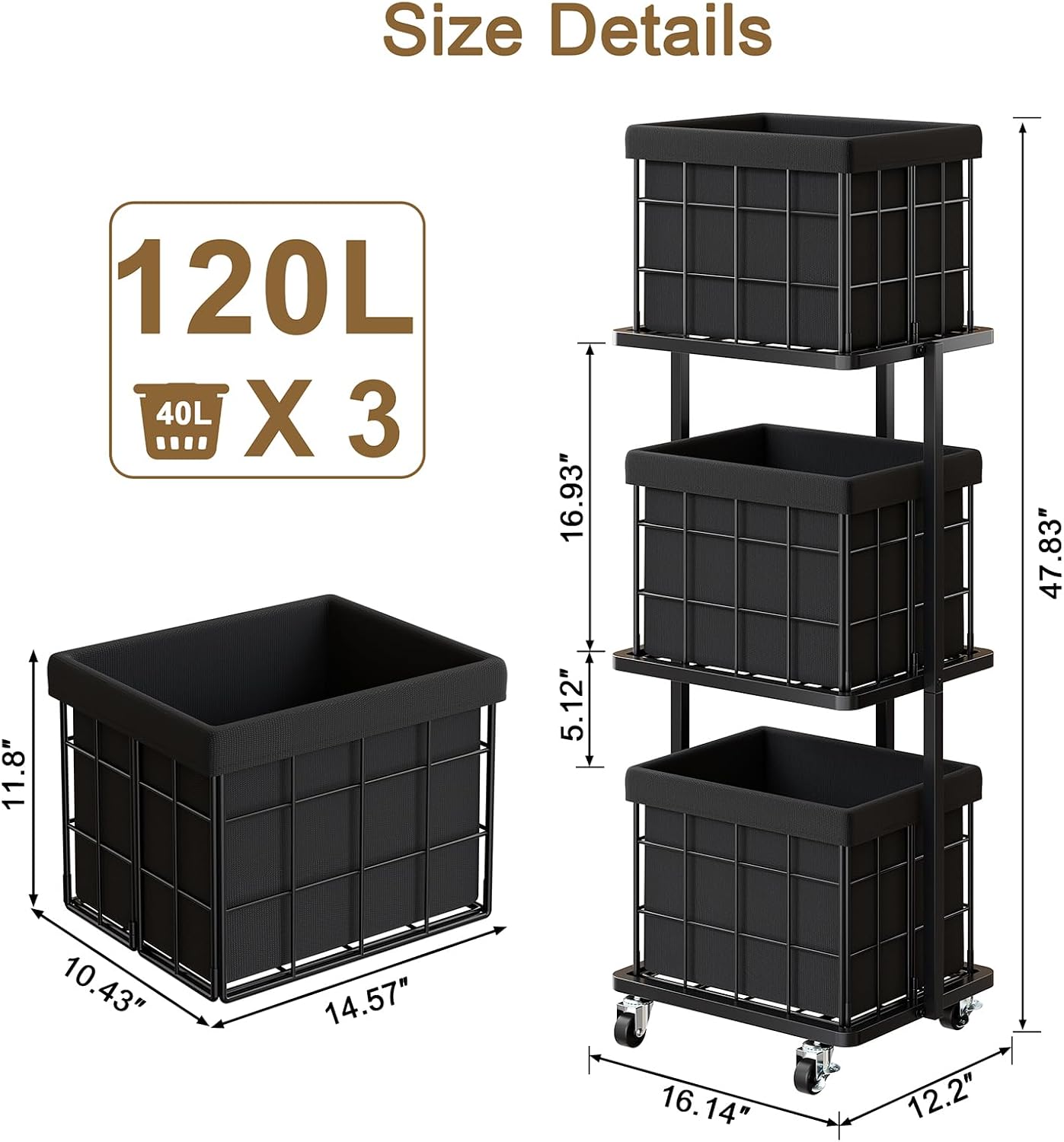 120L Vertical Laundry Sorter,3 Tier Metal Rolling Laundry Basket | Slim Tall Laundry Hamper 3 Section with wheels and 3 Removable Bags for Small Spaces, Dorm, Bathroom, Laundry Room, White