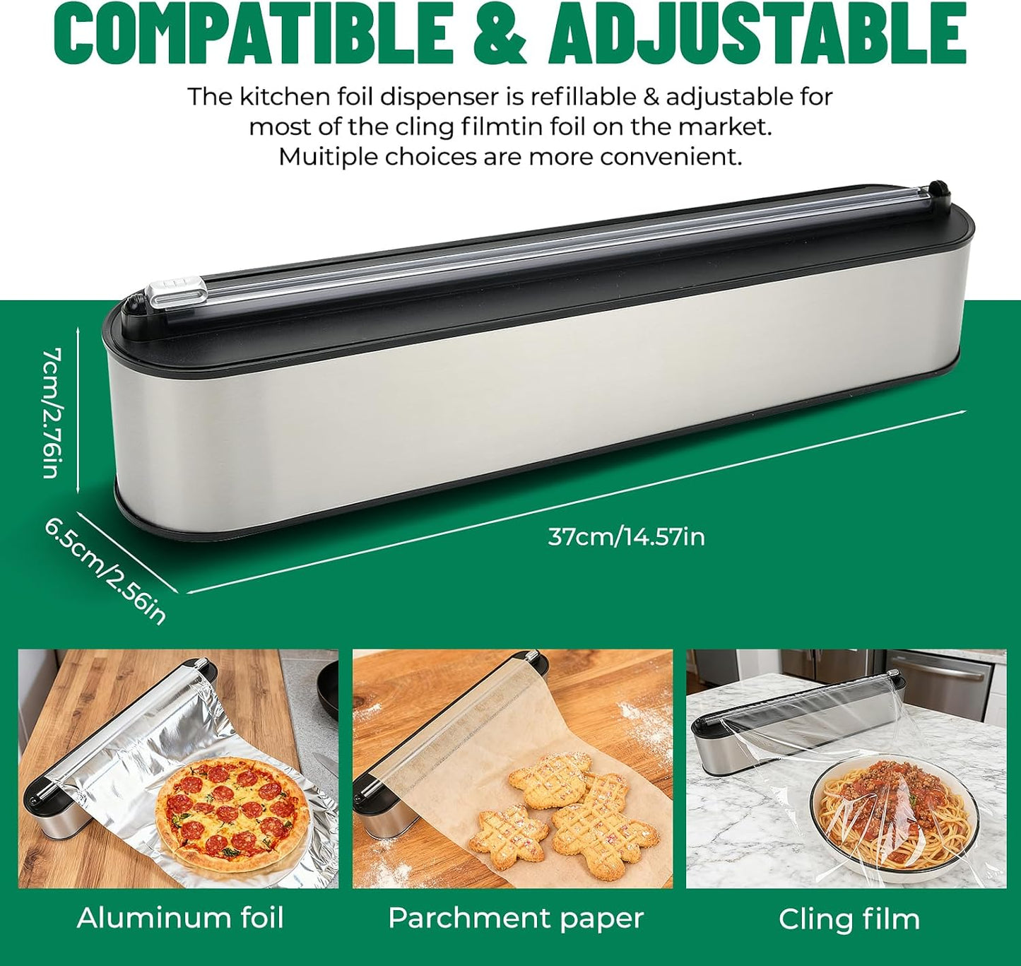 Stainless Steel & Plastic Wrap Dispenser with Cutter, Magnetic No-Drill Wall Mount Aluminum Foil Holder with Slide Cutter, for Cabinets, Space-Saving Kitchen Organizer (Silvery-Stainless Steel)