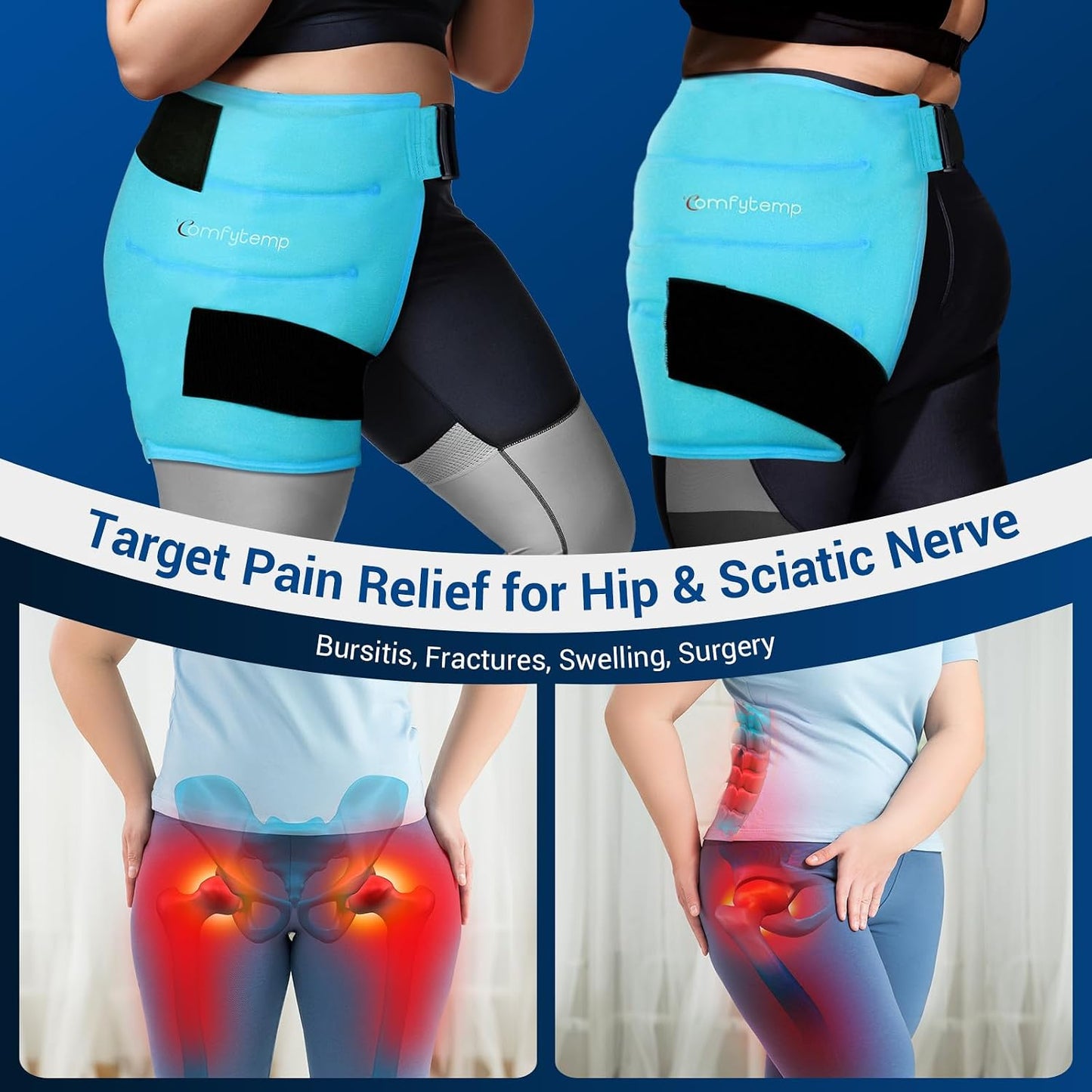 Comfytemp Hip Ice Pack Wrap for Sciatica Pain Relief, Hip Replacement Kit After Surgery, Reusable Gel Ice Pack for Injuries, Hot Cold Compress Recovery Items, Fathers Day Dad Gifts for Men, Blue (S/M)