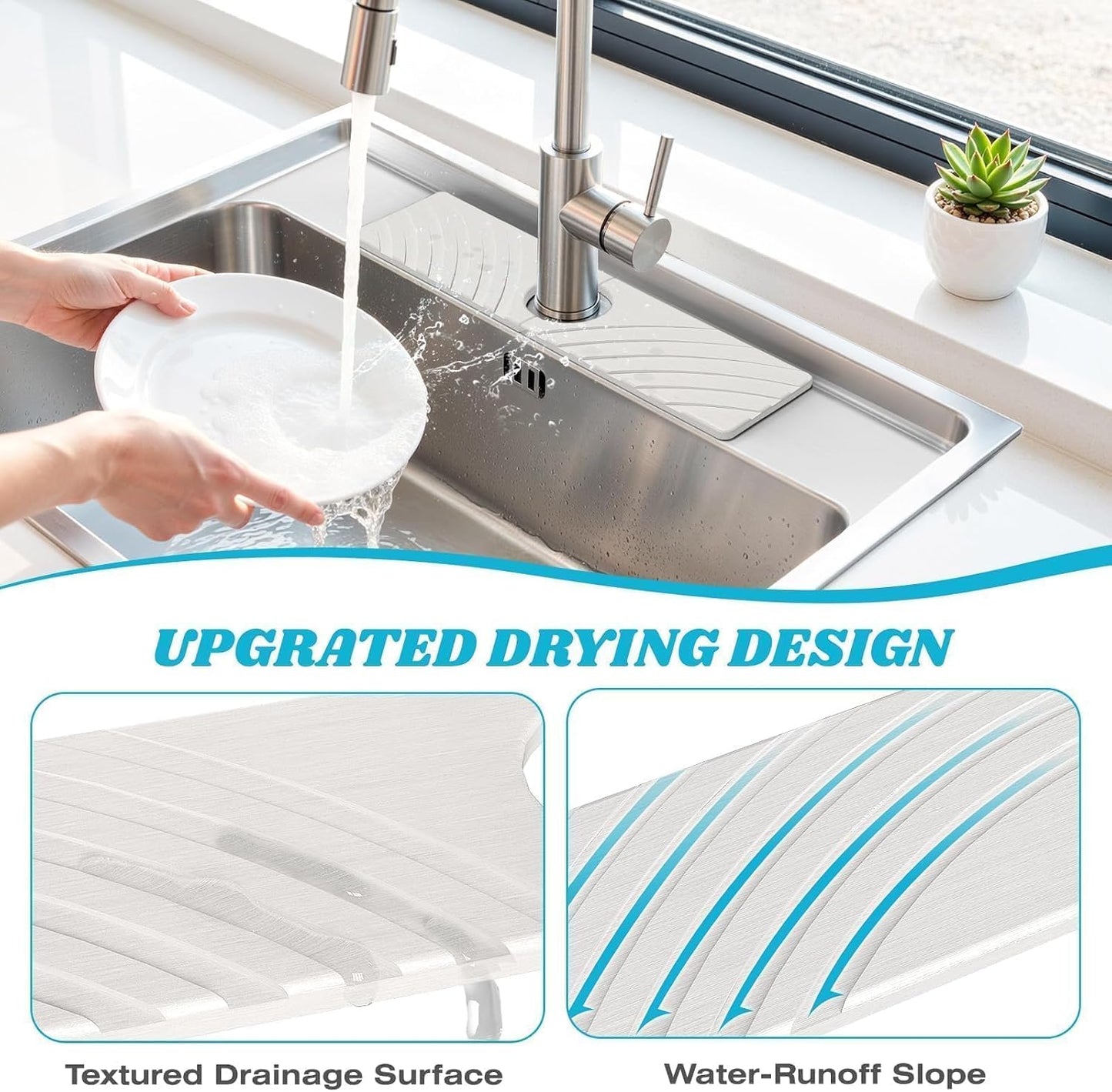 SpaceHacks Stone Faucet Mat for Kitchen Sink 23.7x4 in, Light Gray | Fast Drying Diatomite Stone Drying Mat, Water Splash Guard, Textured Drainage Sink Protector, Suits Bathroom&Kitchen Counter