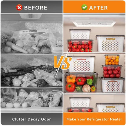 4 In 1 Food Storage Container, Fruit Storage Containers for Fridge, Household Transparent Plastic Food Storage Box-Including Drain Basket, Soak, Wash, Drain, and Store (Gray, S+M+L)