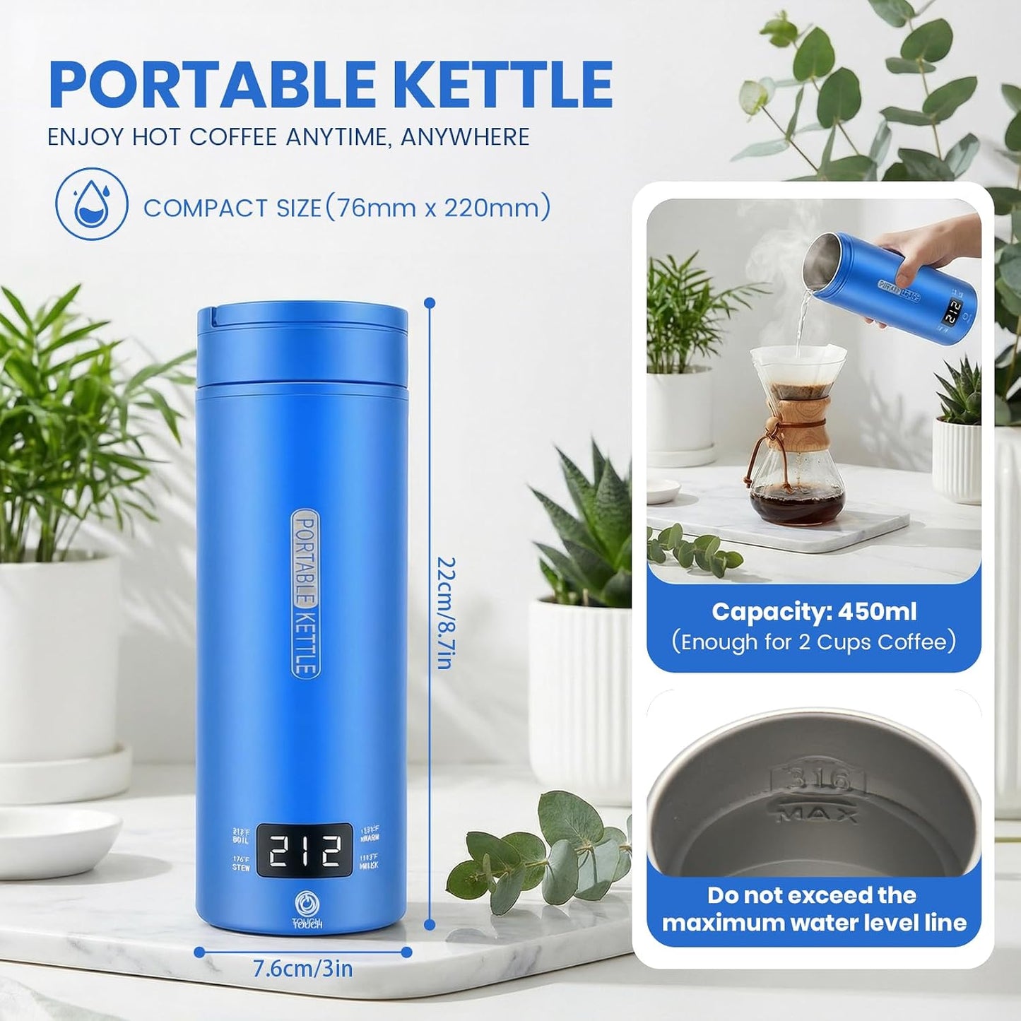 Portable Electric Kettle （120V）, Travel Tea Kettle, 316 Stainless Steel Premium Liner, 4-speed Temperature Adjustment with Auto Shut-off and Boil-Off Protection black