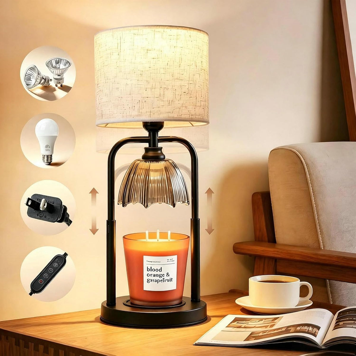 Table Lamp Candle Warmer Flameless 2.5- 6.5in Height Adjustable Timer Dimmer Wax Melt Warmer Lamp for Large 3 Wicks Jar Candles Modern Bedside Lamp for Mothers Day House Warming Home Decor Living Room