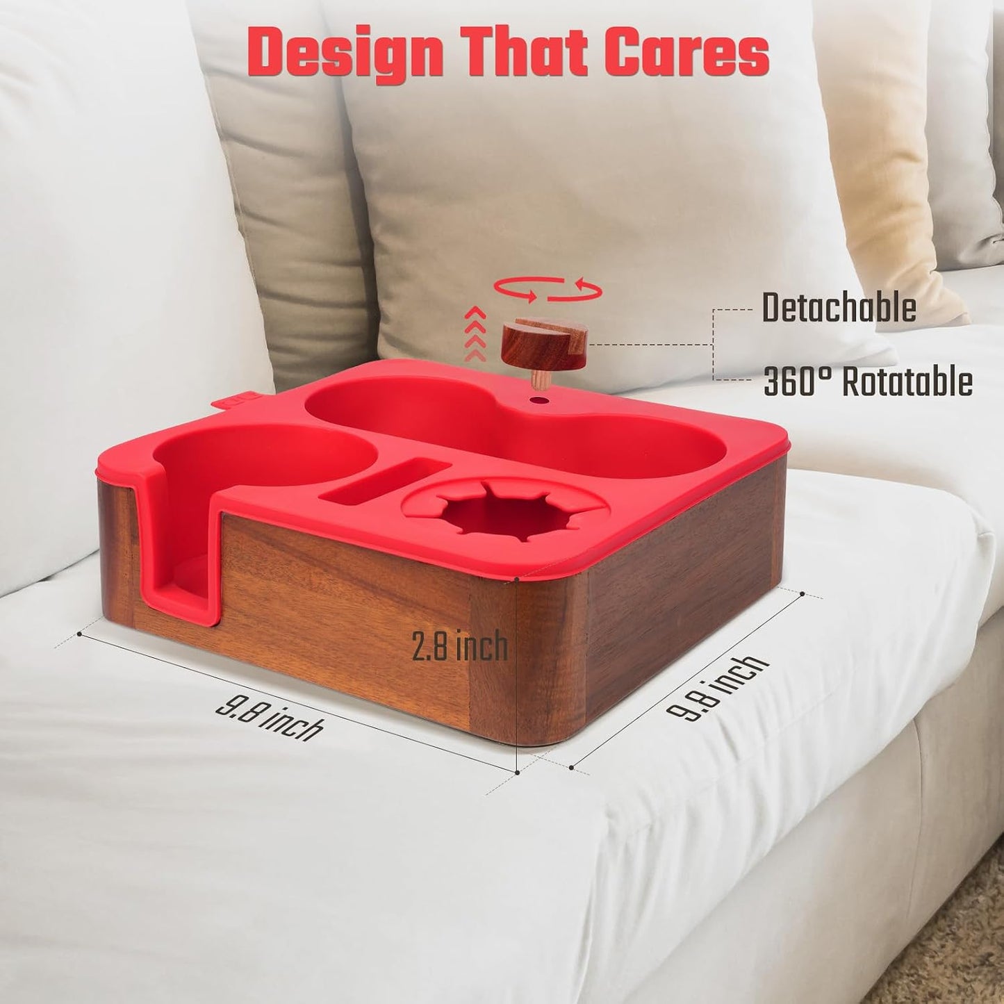 Couch Cup Holder Tray, Real Acacia Wooden Caddy with Soft Silicone, Snack and Drink Organizer- Perfect Movie Night Accessories for Bed, Remote and Cup Holders for Sofa (Black)