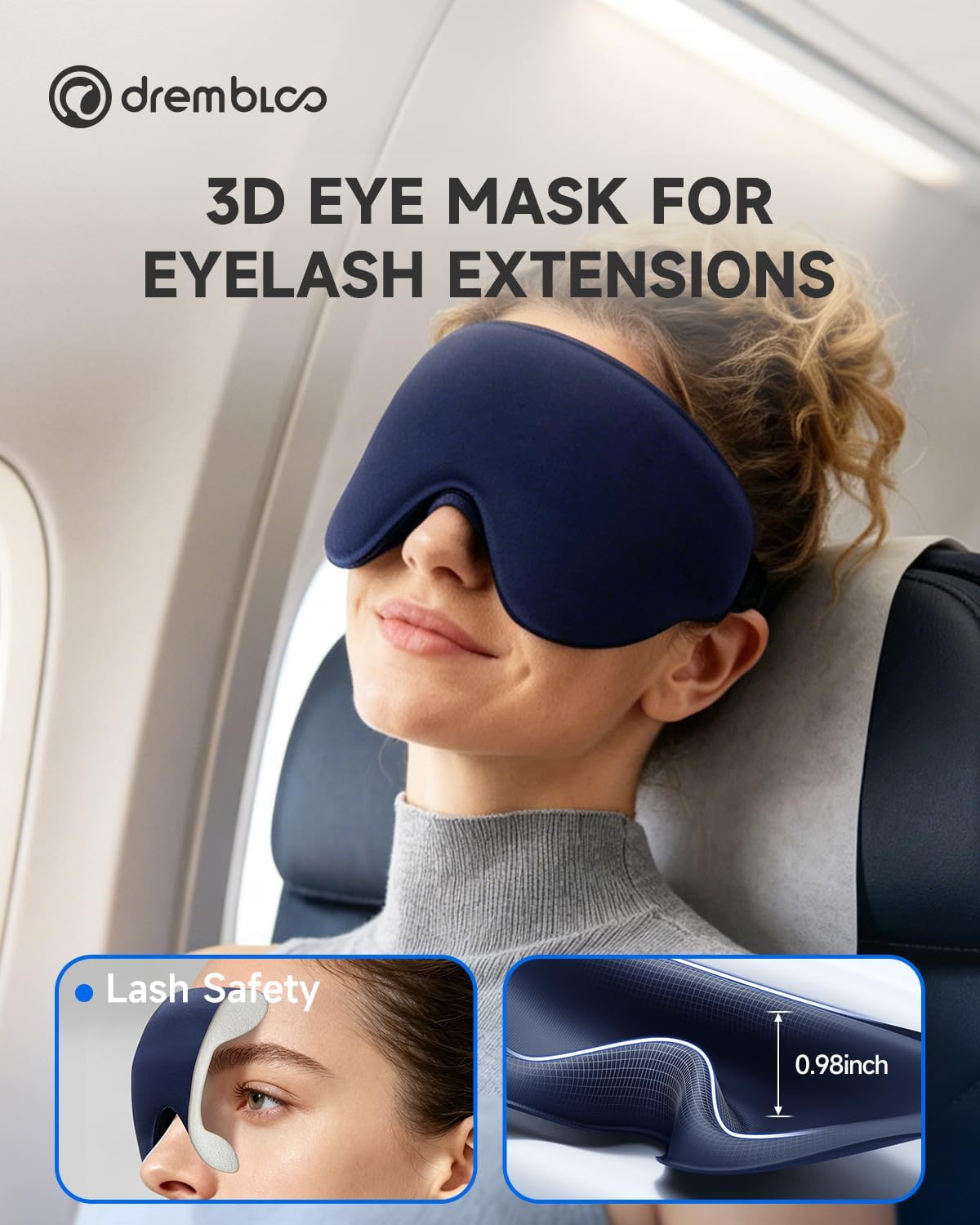 Sleep Mask for Side Sleeper Men Women, 100% Light Blocking Eye Mask for Lash Extensions, Soft 3D Contoured Zero Pressure Blindfold Sleeping Masks for Travel, Breathable Adjustable Eye Cover, Navy