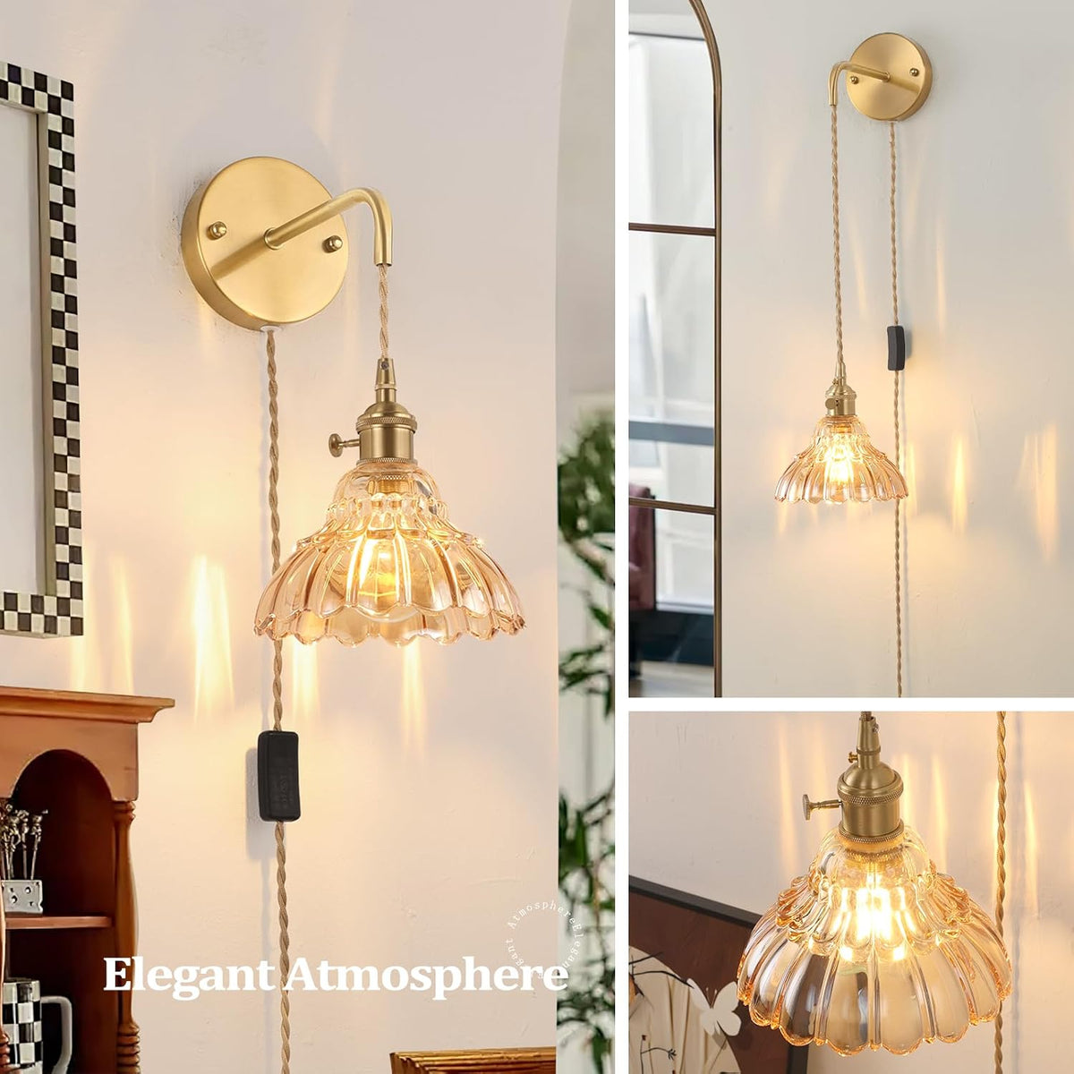 Shenmoyl Battery Operated Wall Sconce Wall Lamp with Green Lily of the Valley Shade Pattern Glass Adjustable Chain Retro Gold Wall Mounted Light, Modern Wall Lamp Fixtures Decor for Bedside Bedroom